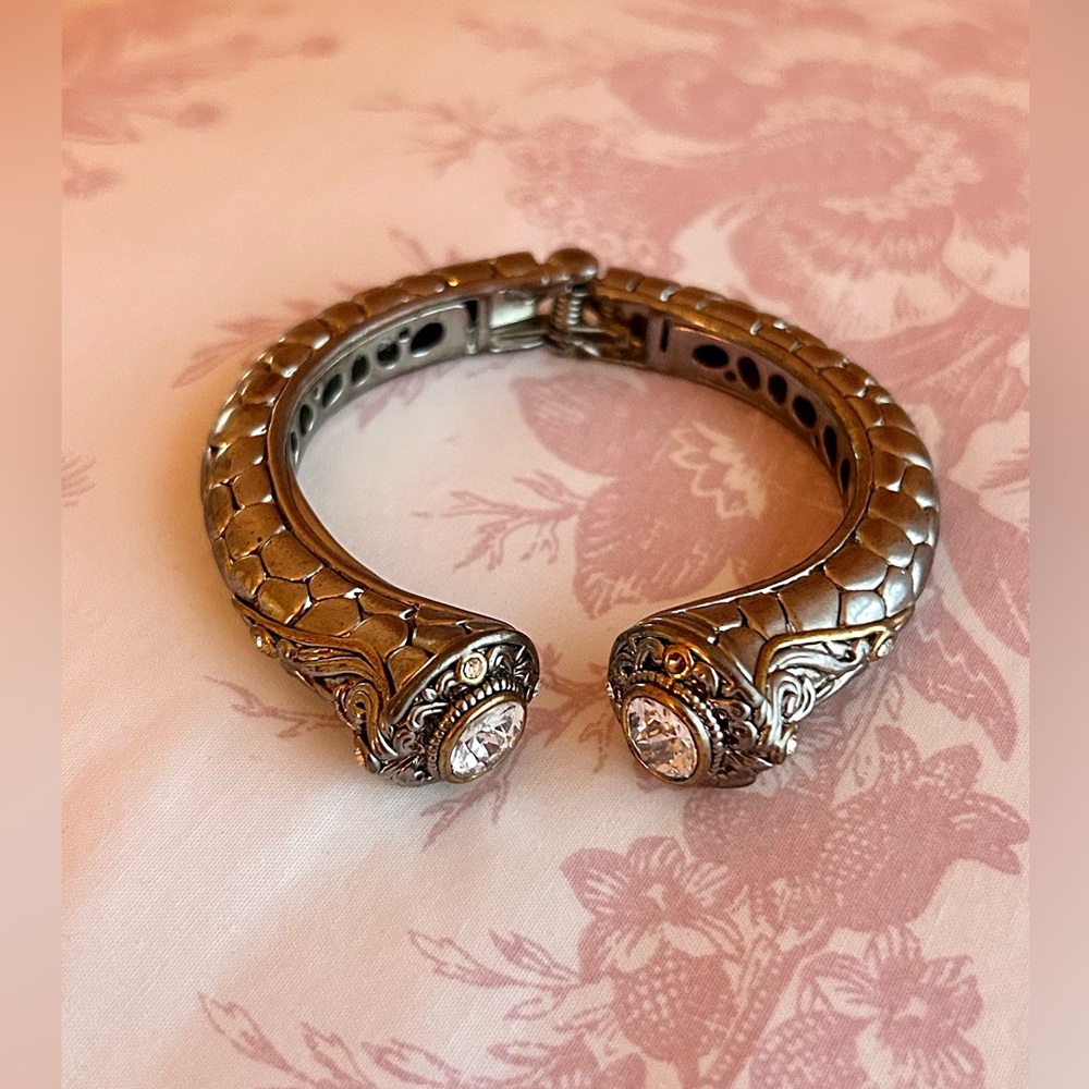 Vintage Style Crystal Snake Textured Cuff Bracelet Antique Silver Tone